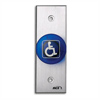 Show product details for 916N-BH-MO x 28 Dormakaba Rutherford Controls Narrow Handicap Symbol Momentary Action Tamper-proof Handicap Mushroom Button - Brushed Anodized Aluminum Faceplate - Blue Cap