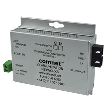 CWFE1002APOESHO-M Comnet Commercial Grade 100Mbps Media Converter, ST Connector, sm, 1 fiber, "A" Unit, (requires "A" and "B" units) 48V POE, Power Supply Included. 60w output