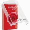 Show product details for SS2027EX-EN STI Red Indoor Only Flush or Surface Weather Resistant Momentary (Illuminated) with Red Lens Stopper Station with EMERGENCY EXIT Label English