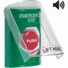 Show product details for SS21A1EX-EN STI Green Indoor Only Flush or Surface w/ Horn Turn-to-Reset Stopper Station with EMERGENCY EXIT Label English