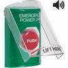 Show product details for SS21A4PO-EN STI Green Indoor Only Flush or Surface w/ Horn Momentary Stopper Station with EMERGENCY POWER OFF Label English