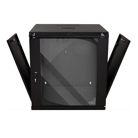 047-WHS-1260 Vertical Cable 12U Wall Mount Swing Out Cabinet 15.75" Usable Depth with Lockable Glass Door, Fan, and Power Supply