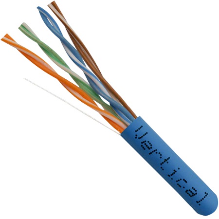 055-453/P/BL Vertical Cable 24 AWG 8 Unshielded Twisted Pair Solid Bare Copper CMP Plenum Cat5e Cable - 1000' Pull Box - Blue