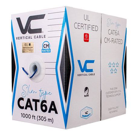 173-201/ST/BL Vertical Cable 28 AWG 4 Unshielded Twisted Pair Solid Bare Copper CM Non-Plenum Slim Cat6A Cable - 1000' Pull Box - Blue