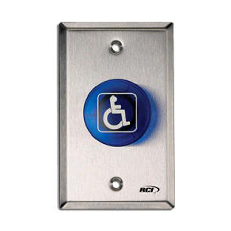 906-B-MO x 32D Dormakaba Rutherford Controls Blank Symbol Momentary Action Mushroom Button - Brushed Stainless Steel Faceplate - Blue Cap