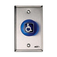 906-BH-TD x 32D Dormakaba Rutherford Controls Handicapped Symbol Electronic Time Delay Mushroom Button - Brushed Stainless Steel Faceplate - Blue Cap