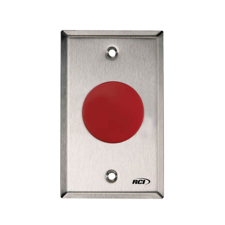 908-RB-MA x 32D Dormakaba Rutherford Controls Blank Symbol Maintained Action Mushroom Button - Brushed Stainless Steel Faceplate - Blank Red Cap