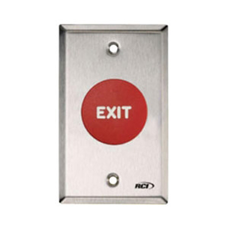 908-RE-MO x 32D Dormakaba Rutherford Controls Exit Symbol Momentary Action Mushroom Button - Brushed Stainless Steel Faceplate - Red Cap