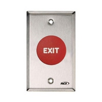 908-RE-MA x 32D Dormakaba Rutherford Controls Exit Symbol Maintained Action Mushroom Button - Brushed Stainless Steel Faceplate - Red Cap