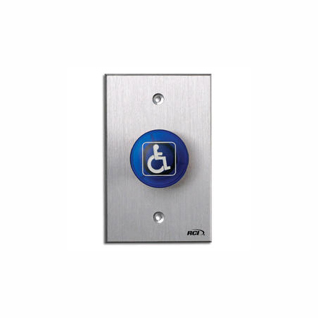 916-BH-MA x 28 Dormakaba Rutherford Controls Handicap Symbol Maintained Action Tamper-proof Handicap Mushroom Button - Brushed Anodized Aluminum Faceplate - Blue Cap