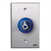 916-BH-TD x 40 Dormakaba Rutherford Controls Handicap Symbol Electronic Time Delay Tamper-proof Handicap Mushroom Button - Brushed Anodized Dark Bronze Faceplate - Blue Cap