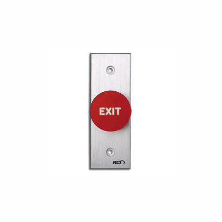 918N-RE-MA x 28 Dormakaba Rutherford Controls Narrow Exit Symbol Maintained Action Tamper-proof Mushroom Button - Brushed Anodized Aluminum Faceplate - Red Cap