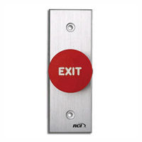 918N-RE-TD x 28 Dormakaba Rutherford Controls Narrow Exit Symbol Electronic Time Delay Tamper-proof Mushroom Button - Brushed Anodized Aluminum Faceplate - Red Cap