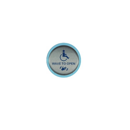950THW6 Dormakaba Rutherford Controls 6" Round Touch less Short Range Actuator with Handicap Logo and 'Wave To Open' Text