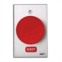 990-RE-MA x 28 Dormakaba Rutherford Controls Exit Symbol Maintained Action Oversized Tamper-proof Button - Brushed Anodized Aluminum Faceplate - Red Cap