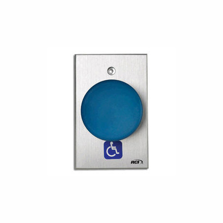 990-BH-MA x 28 Dormakaba Rutherford Controls Handicap Symbol Maintained Action Oversized Tamper-proof Button - Brushed Anodized Aluminum Faceplate - Blue Cap