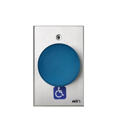 990N-BH-TD x 28 Dormakaba Rutherford Controls Narrow Handicap Symbol Electronic Time Delay Oversized Tamper-proof Button - Brushed Anodized Aluminum Faceplate - Blue Cap