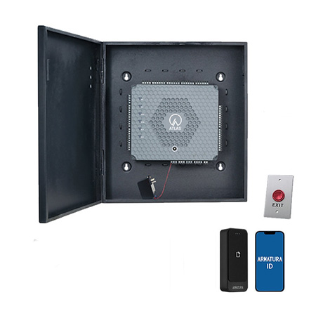 ATLAS160-BLUETOOTH-KIT ZKTeco USA Atlas Bio Series 1-Door Access Control Bluetooth Kit with AMT-EP10C Bluetooth/Prox Card Reader, PTE-1 Exit Button, and 10 x AMT-BT-CARD Bluetooth Mobile Credentials