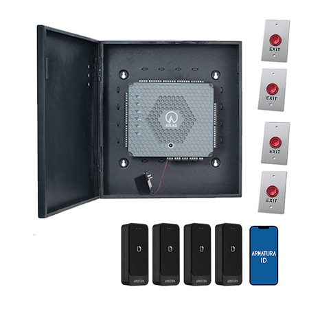 ATLAS460-BLUETOOTH-KIT ZKTeco USA Atlas Bio Series 2-Door Access Control Bluetooth Kit with 2 x AMT-EP10C Bluetooth/Prox Card Reader, 2 x PTE-1 Exit Button, and 10 x AMT-BT-CARD Bluetooth Mobile Credentials