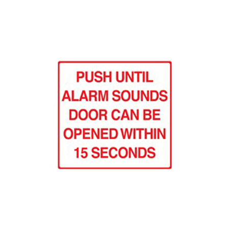 BC1PS Dormakaba RCI 11" W x 10" H Building Code Sign  ‑ Push Until Alarm Sounds Door Can Be Opened in 15 Second - Printed in Red on Clear Plexiglass - SPANISH