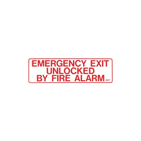 BC2PS Dormakaba RCI 13" W x 4" H Building Code Sign - Emergency Exit Unlocked by Fire Alarm - Printed in Red on Clear Plexiglass - SPANISH