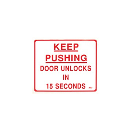 BC3MW Dormakaba RCI 14" W x 12" H Building Code Sign - Keep Pushing Door Unlocks in 15 Seconds - Printed in Red on White Mylar