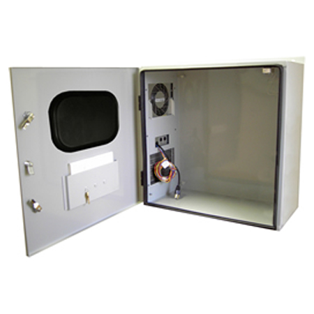 BW-124ACHTW Mier NEMA Type 4 Outdoor 24" W x 24" H x 12" D Metal Enclosure with Thermostat, Heater and AC Unit - Gray w/ Internal Removable 22" W x 22" H Back-Panel - Solid Door with Window
