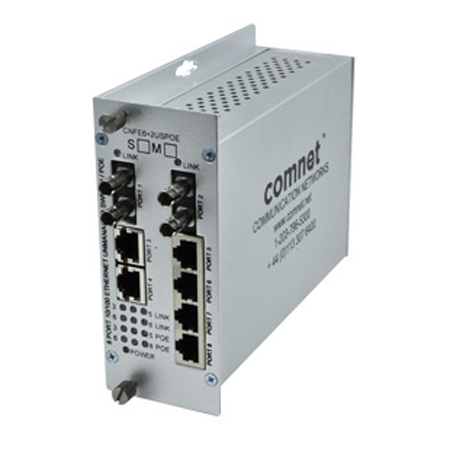 CNFE62USPOE-S Comnet Unmanaged Switch, 8 Port, 100Mbps, 6 Copper, 2 FX,Single-mode, PoE- Power over Ethernet, Power Supply PS48VDC-5A recommended and sold seperately