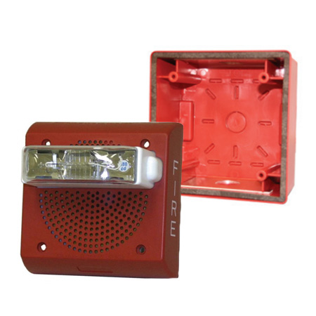 ET70WP-2475W-FR-KIT Cooper Wheelock Weatherproof 8W Speaker Strobe 24VDC with Backbox - Wall Mounted - Red with White FIRE Lettering on Side