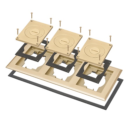 FLBC8533MB Arlington Industries Three Gang Frame and Cover with Furniture Feed Inserts - Brass