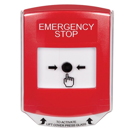 GLR021ES-EN STI Red Indoor Only Shield Key-to-Reset Push Button with  EMERGENCY STOP Label English