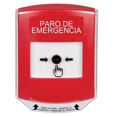 GLR021ES-ES STI Red Indoor Only Shield Key-to-Reset Push Button with EMERGENCY STOP Label Spanish