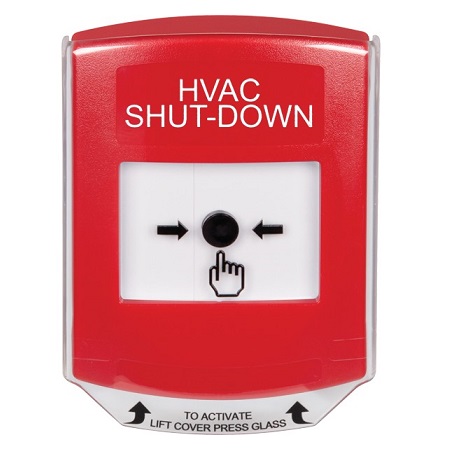 GLR021HV-EN STI Red Indoor Only Shield Key-to-Reset Push Button with HVAC SHUT-DOWN Label English