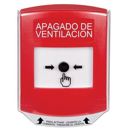 GLR021HV-ES STI Red Indoor Only Shield Key-to-Reset Push Button with HVAC SHUT-DOWN Label Spanish