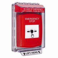 GLR041ES-EN STI Red Indoor/Outdoor Low Profile Flush Mount w/ Sound Key-to-Reset Push Button with EMERGENCY STOP Label English