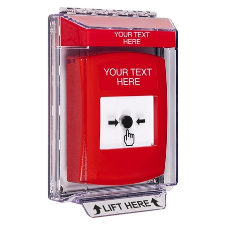 GLR041ZA-EN STI Red Indoor/Outdoor Low Profile Flush Mount w/ Sound Key-to-Reset Push Button with Non-Returnable Custom Text Label English
