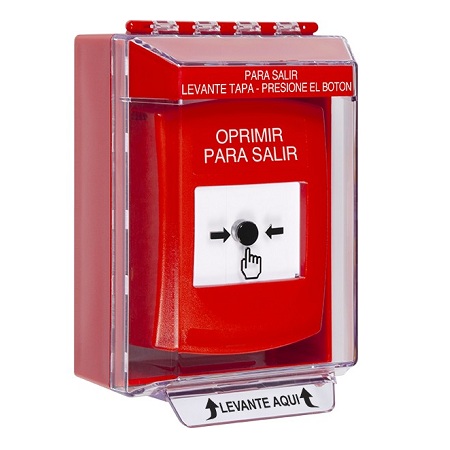 GLR071PX-ES STI Red Indoor/Outdoor Low Profile Surface Mount Key-to-Reset Push Button with PUSH TO EXIT Label Spanish