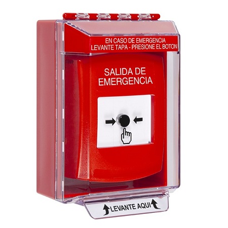 GLR081EX-ES STI Red Indoor/Outdoor Low Profile Surface Mount w/ Sound Key-to-Reset Push Button with EMERGENCY EXIT Label Spanish