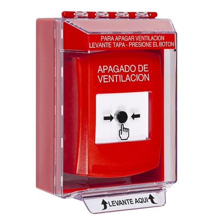 GLR081HV-ES STI Red Indoor/Outdoor Low Profile Surface Mount w/ Sound Key-to-Reset Push Button with HVAC SHUT-DOWN Label Spanish