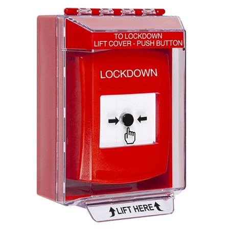 GLR081LD-EN STI Red Indoor/Outdoor Low Profile Surface Mount w/ Sound Key-to-Reset Push Button with LOCKDOWN Label English