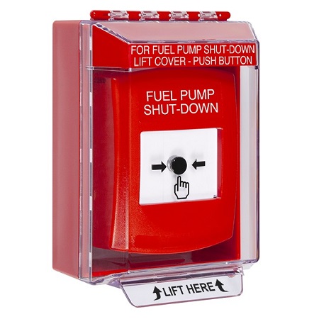 GLR081PS-EN STI Red Indoor/Outdoor Low Profile Surface Mount w/ Sound Key-to-Reset Push Button with FUEL PUMP SHUT-DOWN Label English