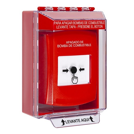 GLR081PS-ES STI Red Indoor/Outdoor Low Profile Surface Mount w/ Sound Key-to-Reset Push Button with FUEL PUMP SHUT-DOWN Label Spanish