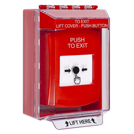 GLR081PX-EN STI Red Indoor/Outdoor Low Profile Surface Mount w/ Sound Key-to-Reset Push Button with PUSH TO EXIT Label English