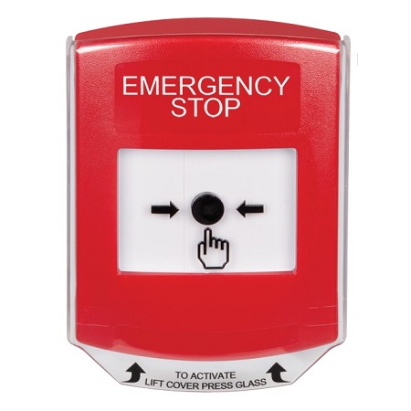 GLR0A1ES-EN STI Red Indoor Only Shield w/ Sound Key-to-Reset Push Button with EMERGENCY STOP Label English