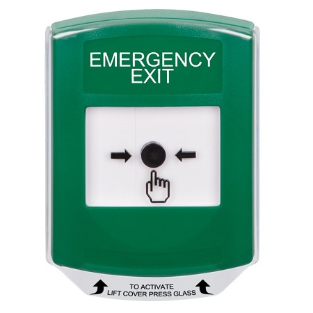 GLR121EX-EN STI Green Indoor Only Shield Key-to-Reset Push Button with EMERGENCY EXIT Label English