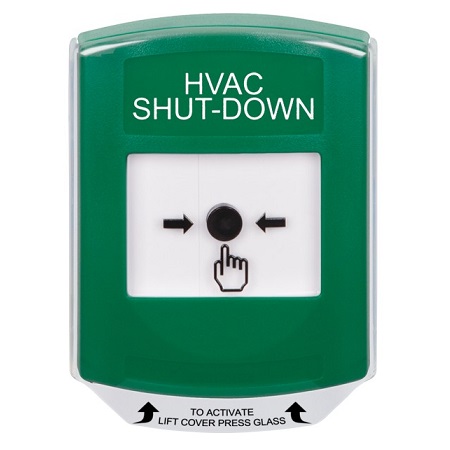 GLR121HV-EN STI Green Indoor Only Shield Key-to-Reset Push Button with HVAC SHUT-DOWN Label English
