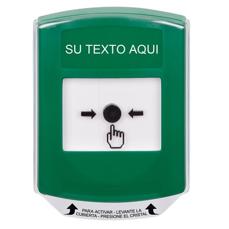 GLR121ZA-ES STI Green Indoor Only Shield Key-to-Reset Push Button with Non-Returnable Custom Text Label Spanish