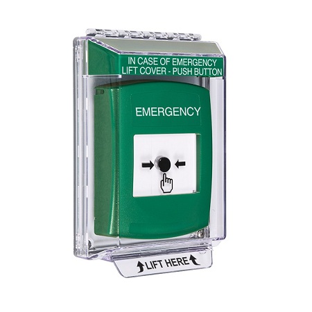 GLR131EM-EN STI Green Indoor/Outdoor Low Profile Flush Mount Key-to-Reset Push Button with EMERGENCY Label English