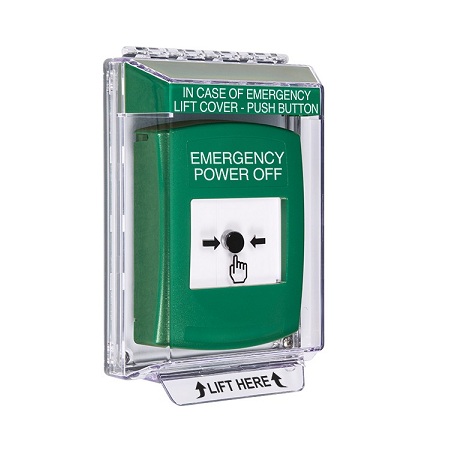 GLR131PO-EN STI Green Indoor/Outdoor Low Profile Flush Mount Key-to-Reset Push Button with EMERGENCY POWER OFF Label English