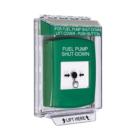 GLR131PS-EN STI Green Indoor/Outdoor Low Profile Flush Mount Key-to-Reset Push Button with FUEL PUMP SHUT-DOWN Label English